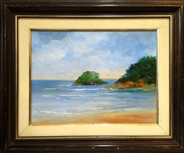 L. PIETRO BORELLI 1988, Óleo sobre Tela, Representando " Ilha das Cabras / Itanhaém " , 0,48m x 0,58m Externa e 0,28m x 0,39m Interna