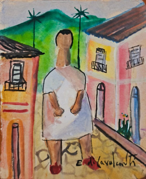 E. DI CAVALCANTI, Técnica Mista sobre Papel colada em Madeira, Represetando " Figura Feminina ", Sem Moldura medindo 18 x 14,5 cm