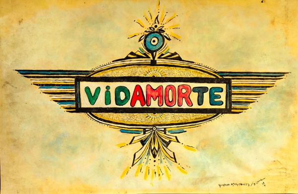 CLAUDEMIR D'LARA, Técnica Mista sobre Papel colado em Placa, Representando " VIDAMORTE " Medindo 0,80m x 0,53m