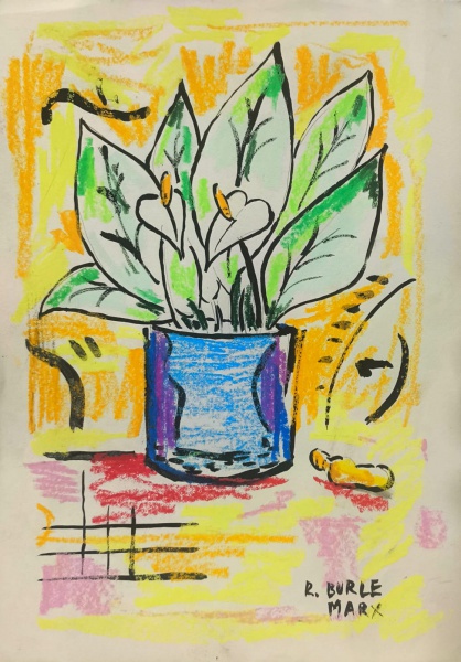 R. BURLE MARX, Aquarela sobre Papel, Representando " Vaso de Flores " Com Documento Grafotécnico, Sem Moldura medindo 26 x 19 cm