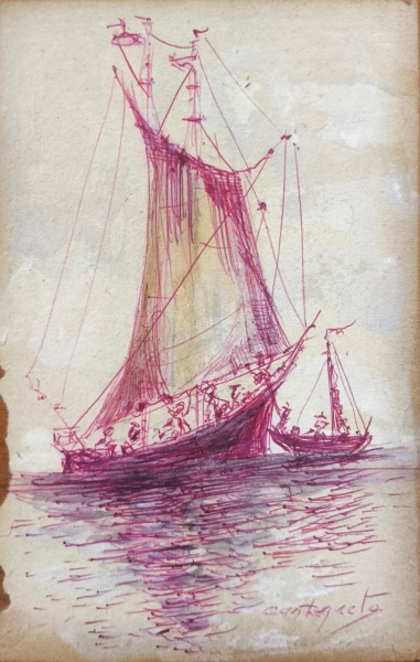CASTAGNETO, Técnica Mista sobre Papel colada em Madeira, Representando " Marinha ", Medindo 19 x 12,5 cm