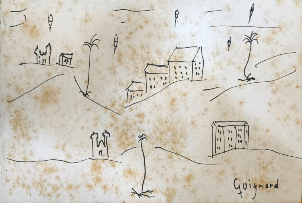 GUIGNARD, Desenho à Nanquim, Representando " Paisagem com Casario ", Medindo 0,18m x 0,12m, Sem Moldura