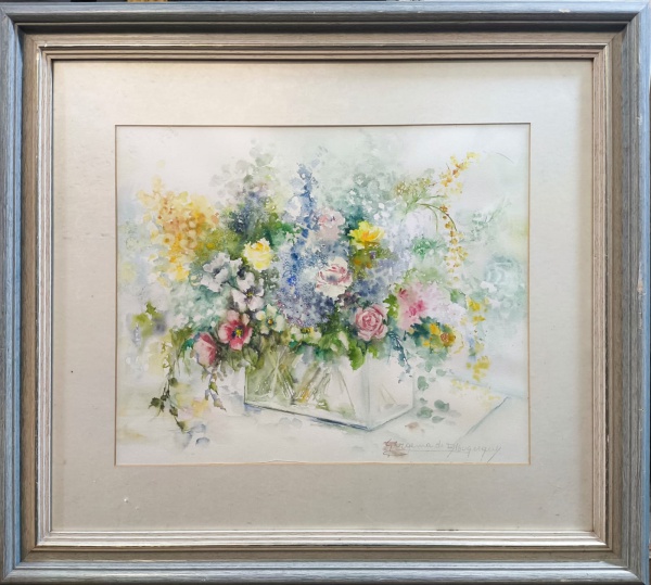 GEORGINA DE ALBUQUERQUE, Técnica Mista sobre Papel, Representando " Flores ", Com Moldura medindo 68 x 77 cm, Possui Vidro Frontal