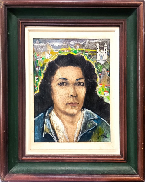 ALBERTO DA VEIGA GUIGNARD, Óleo sobre Madeira, " Retrato com a Cidade de Ouro Preto ", Obra Datada em 1948, Com Moldura Medindo 58 x 48 cm e Medida Interna 35 x 27 cm, Assinado no Verso do Quadro, Aco