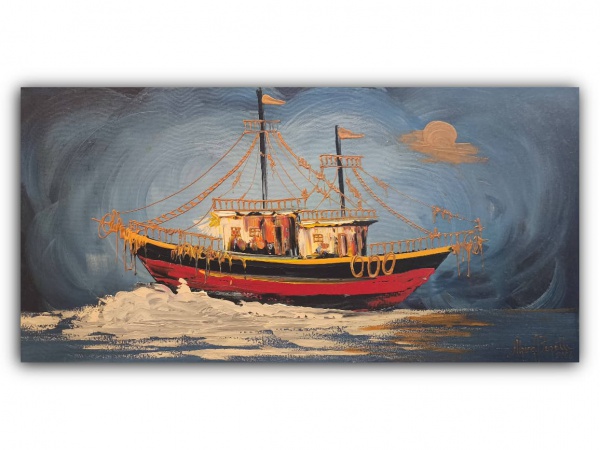ALZIRA FUZETTI, Técnica Mista Sobre Tela, Representando " Navio ", Sem Moldura Medindo 50 x 100 cm