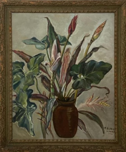 R. BURLE MARX, Óleo sobre Tela, Represetando " Vaso de Plantas ", Com Moldura, Medida da Tela 60 x 72 cm, Acompanha com Documento da Obra
