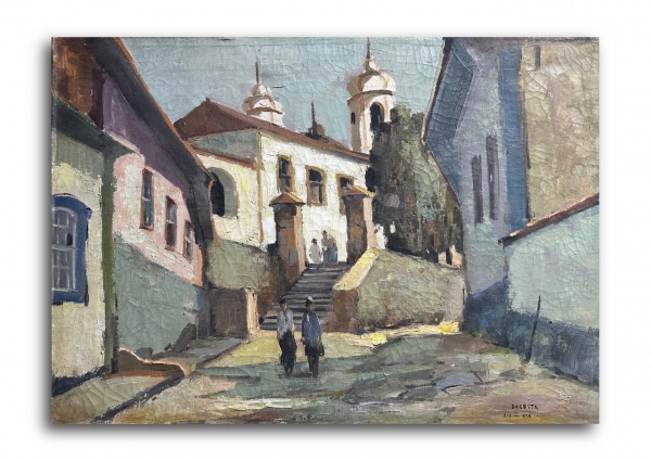 MILTON DACOSTA, Óleo sobre Tela, Representando " Casarios e Figuras ", Sem Moldura medindo 50 x 70 cm
