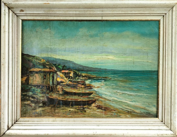 ISIDRO URIACH, Óleo sobre Tela, Representando " Paisagem Marinha ", 0,70m x 0,90m Externa e 0,19m x 0,69m Intern, Com Moldura