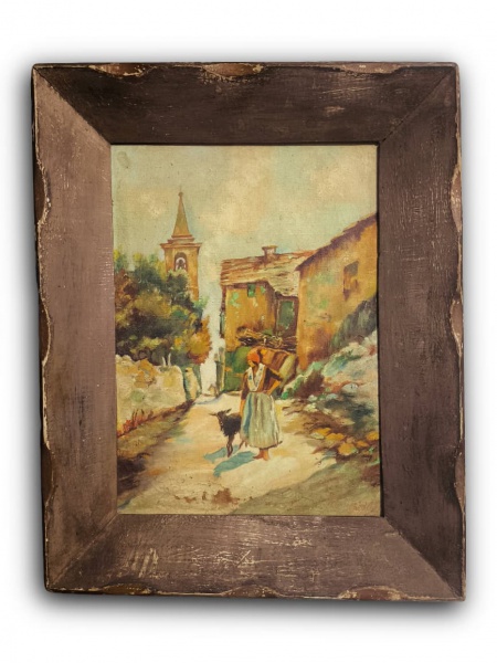 ASSINATURA ILEGÍVEL, Óleo sobre Tela, Rpresetando " Figura com Casarios ", Com Moldura Medindo 44,5 x 34 cm, Medida Interna 32 x 23,5 cm, No Estado.
