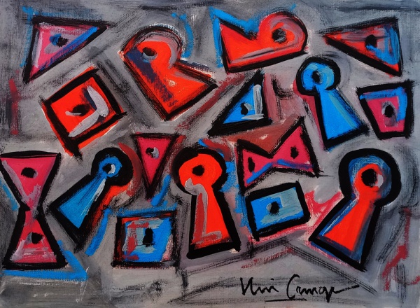 IBERÊ CAMARGO, Guache sobre Cartão, Representando " Cubos e Carretéis ", Sem Moldura medindo 17,5 x 24 cm