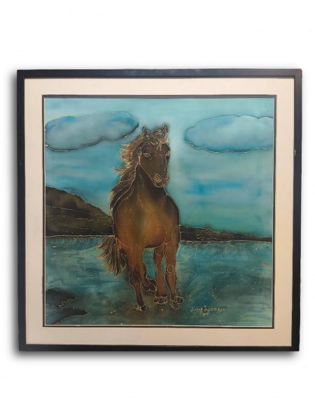 LÚCIA CASCARDO, Técnica Mista sobre Tecido, Representando " Cavalo ", Com Moldura 74 x 74 cm e Medida Interna 60 x 60 cm