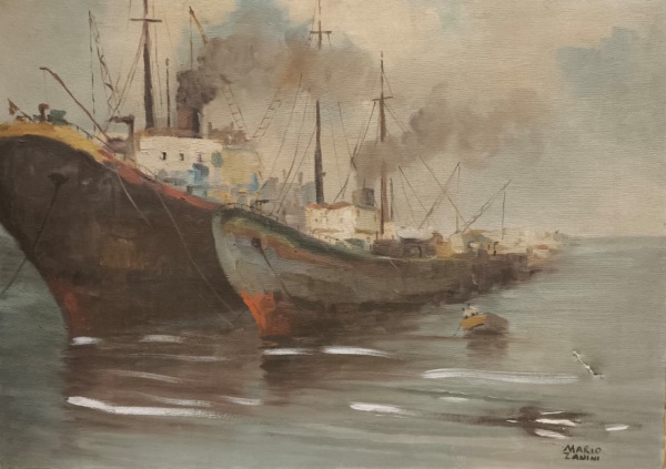 MARIO ZANINI, Óleo sobre Tela, Representando " Marinha ", Sem Moldura Medindo 50 x 70 cm, No Estado