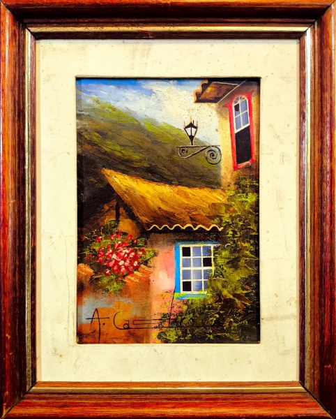 A. CASTRO, Óleo sobre Tela, Representando " Casario ", Com Moldura medindo 26,5 x 32,5 e Medida Interna 16 x 22 cm