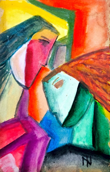 ISMAEL NERY, Guache sobre Papel colada em Madeira, Representando " Figuras ", Sem Moldura Medindo 19 x 12,5 cm