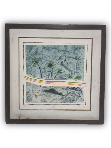 EDUARDO S. IGLESIAS, Gravura com Técnica Mista, Tiragem 35/100, Represetando " Praia do Arco-Iris ", Com Moldura, Medida Interna 31 x 31 cm