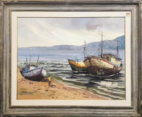 N. SANTOS, Óleo sobre Tela, Representando " Marinha ", Com Moldura medindo 82 x 102 cm e Medida da Tela 60 x 80 cm