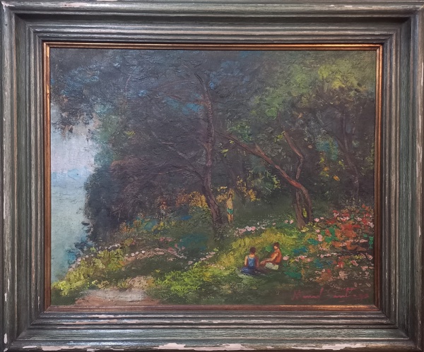 MANOEL SANTIAGO, óleo sobre tela, representando paisagem com figuras, medida interna 49 x 39 cm, medida externa 63 x 53 cm.