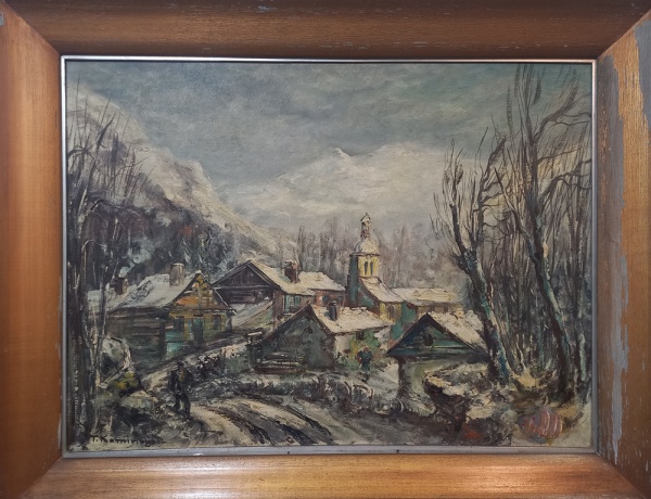 T. KAMINAGAI, óleo sobre tela, representando paisagem, medida interna 79 x 58 cm, medida externa 94 x 74 cm.