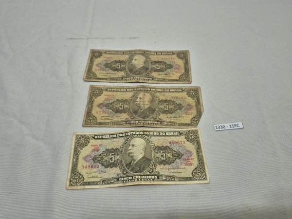 Lote de 3 cédulas Brasileiras de 5 cruzeiros - Barão do Rio Branco - década de 50.
