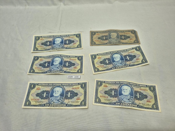 Lote de 6 cédulas Brasileiras de 1 cruzeiro - Marques de Tamandaré - década de 50.