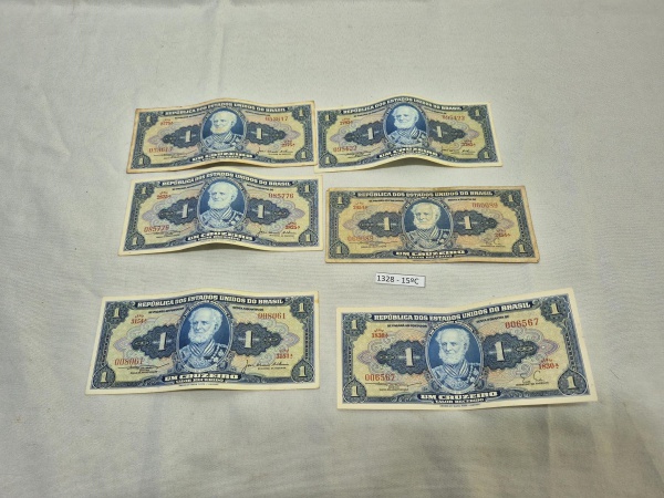 Lote de 6 cédulas Brasileiras de 1 cruzeiro - Marques de Tamandaré - década de 50.