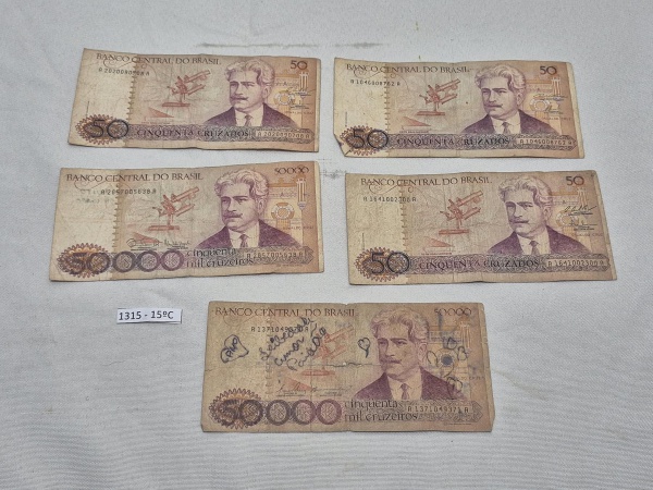 Lote de 5 cédulas de 50.000 Cruzeiro - Oswaldo Cruz - 93/94.