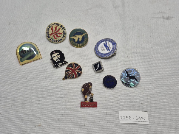 Conjunto com dez pins variados em metal esmaltado e resina, incluindo temas de aviação, museus, marcas e figuras icônicas como Che Guevara, peças de diferentes formatos e cores, ideais para coleção ou