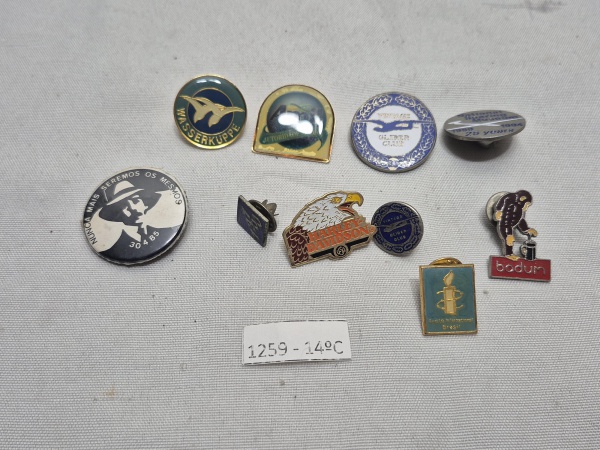 Conjunto com 10 pins variados de colecionador, incluindo marcas e instituições como Harley-Davidson, Bodum, Amil, Wasserkuppe, Amnesty International Brasil, e clubes de aviação, peças em metal esmalta