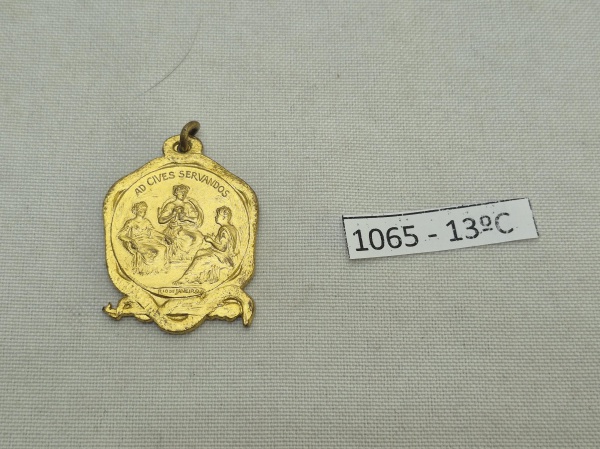 Medalha em metal dourado do 4º Congresso Médico Latino-Americano, realizado no Rio de Janeiro em 1909. Medindo 3,5cm x 2,5cm.