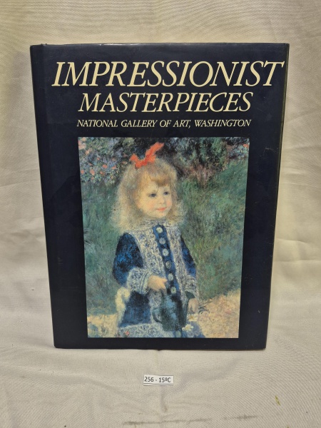 Livro de arte com capa dura intitulado "Impressionist Masterpieces" da National Gallery of Art, Washington, apresentando na capa a obra "A Girl with a Watering Can" de Renoir.