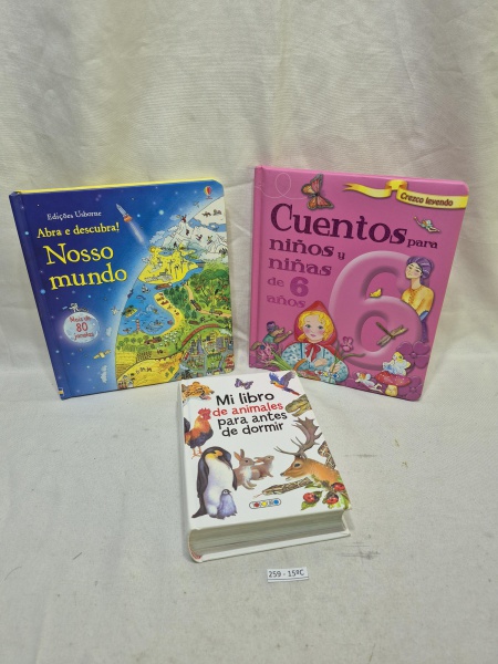 Conjunto de 3 livros infantis ilustrados, incluindo "Abra e descubra! Nosso mundo" com janelas, "Cuentos para niños y niñas de 6 años" e "Mi libro de animales para antes de dormir".