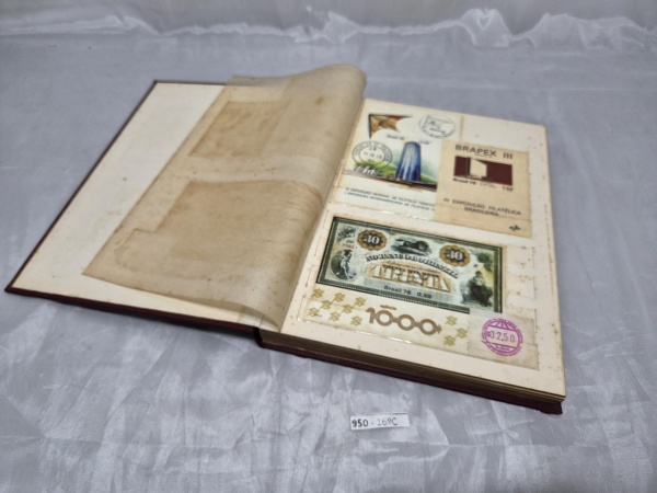 Álbum classificador encadernado em tom vinho contendo expressiva coleção filatélica do Brasil com blocos comemorativos, blocos-souvenir (incluindo BRAPEX III), selos temáticos como literatura infantil