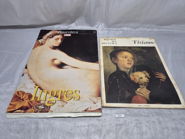 Lote composto por 2 fascículos sobre grandes mestres da pintura, sendo "Ingres" (Pinacoteca Caras) e "Tiziano" (Coleção Gênios da Pintura, Abril Cultural), apresentando marcas de manuseio e amarelamen