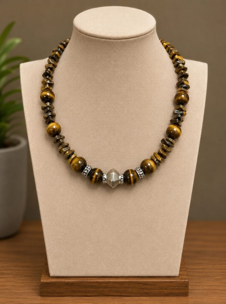 Colar feito com pedras naturais de Olho de Tigre, com acabamento em prata de lei, uma gema conhecida por suas faixas em tons de marrom, dourado e amarelo, que refletem a luz acetinadamente. Vinte cm d