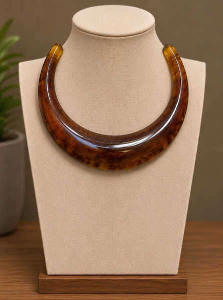 Colar estilo gargantilha choker rígida, produzido em resina acrílica com acabamento em tom tartaruga ou âmbar translúcido.