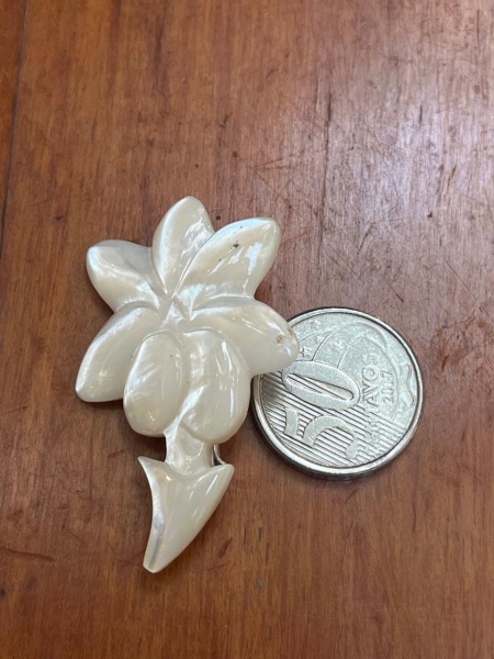 Broche vintage entalhado à mão em madrepérola, representando uma flor (provavelmente uma plumeria, jasmim ou lírio).