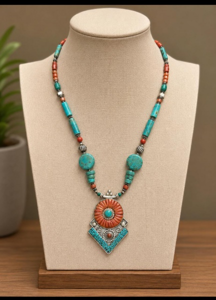 Elegante colar de grande dimensão confeccionado com pedras naturais de coral e turquesa, harmoniosamente combinadas em um design de inspiração étnica e artesanal. A composição apresenta contas em dife