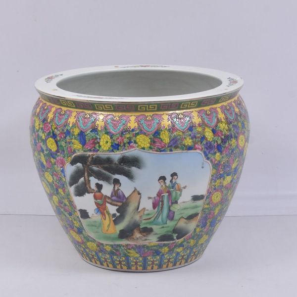 Grande aquário em porcelana chinesa, decoração mil-flores (qianhua). Recipiente de corpo abaulado, boca larga com a superfície externa inteiramente coberta por padrão denso de pequenas flores (crisânt