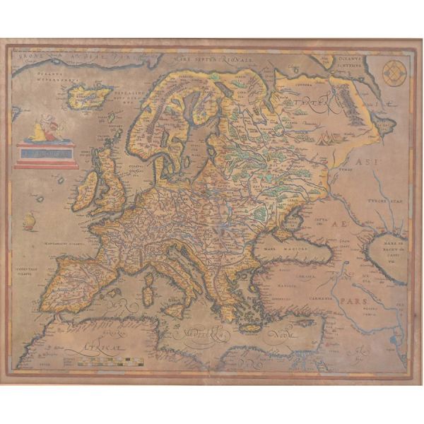 Mapa da Europa, reprodução inspirada na cartografia renascentista dos séculos XVI/XVII, com nomenclatura em latim e rica policromia. Apresenta detalhada representação geográfica dos reinos, rios e cid