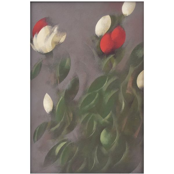 Scliar Carlos (1920 - 2001) `Rosas brancas e vermelhas`, vinil encerado sobre tela – 53 x 37 cm MI e 78 x 59 cm ME. Assinado e datado 82 frente e verso