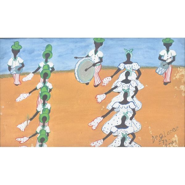 D G. Lopes - Arte Naif `Figuras de Embu`, o.s.t. – 33 x 55 cm MI e 53 x 75 cm ME. Assinado, datado 72 e localizado. Apresenta um pequeno restauro.