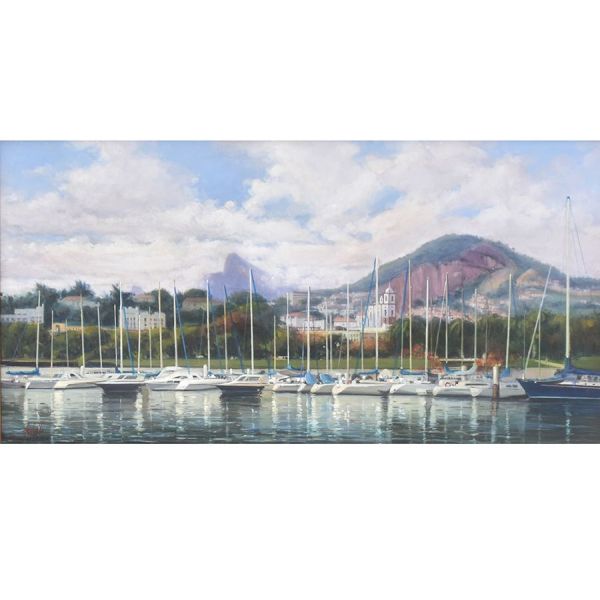 Carlos Botelho (1899 — 1982) `Marina da Glória`, o.s.t. – 60 x 120 cm MI e 98 x 159 cm ME. Assinado frente e no verso: Assinado, datado 2004 e tit
