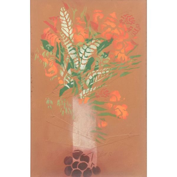Scliar Carlos (1920 - 2001) Uvas e vaso de flores, vinil e colagem sobre tela 56 x 37 cm MI e 72 x 52 cm ME. Assinado e dat82 frente e verso
