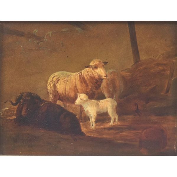 Annunciação (Thomas José) – Escola portuguesa (1821 –1879) `Carneiros e bodes`, o.s.m. – 17 x 23 cm MI e 29 x 35 cm ME. Assinado e datado 1861