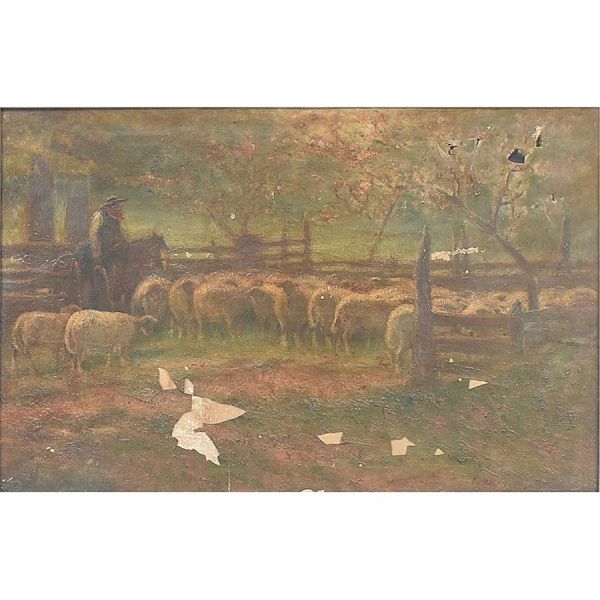 Alexandre-Gaston Guignard (1848- 1922) _ `Escola francesa` `Pastor com rebanho`, o.s.t. – 65 x 100 cm MI e 93 x 128 cm ME. Assinado c/ restauro