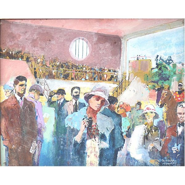 Teixeira Mendes `Hipódromo de Longchamp`, o.s.m. 30 x 37 cm MI e 58 x 65 cm ME. Assinado, localizado paris e datado 1979 frente e verso