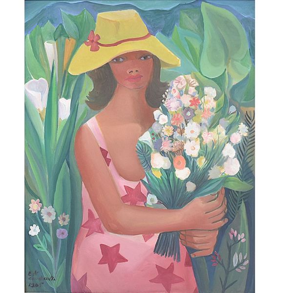 DI CAVALCANTI, Emiliano (1897 - 1976) `Mulata com flores`, o.s.t. – 92 x 73 cm MI e 108 x 89 cm. Assinado e datado 1965 frente e verso