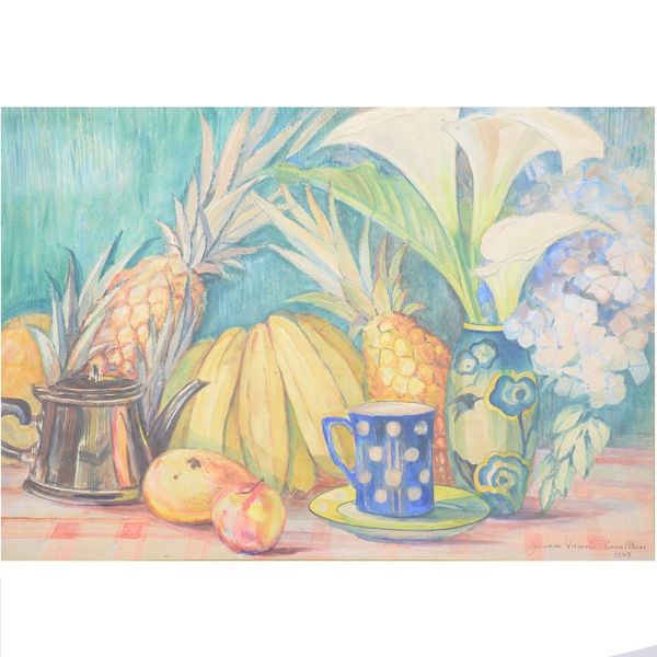 Yvonne Visconti Cavalleiro (1901-1965) `Frutas e flores sobre a mesa`, Guache – 47 x 67 cm MI e 82 x 102 cm ME. `Assinado e dat 1943