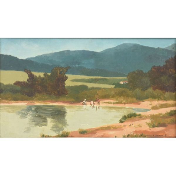 Jean Guillaume ( 1912 – 1985) `Paisagem com riacho`, o.s.e. - 26 x 45 cm MI e 42 x 62 cm ME. Assinado e datado 1981 frente e verso
