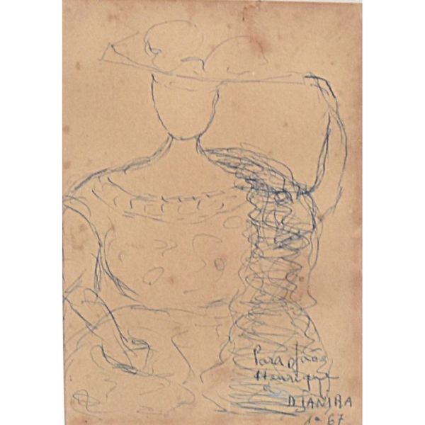 Djanira da Motta e Silva (1914-1979) Silhueta de mulher, desenho a caneta 15 x 10 cm MI e 39 x 34 cm ME. Assinado e datado 1967